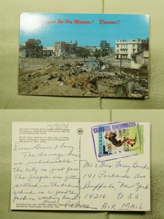 Dr Who 1973 Nicaragua Olympics Ovpt Managua Earthquake Postcard To Usa E52168