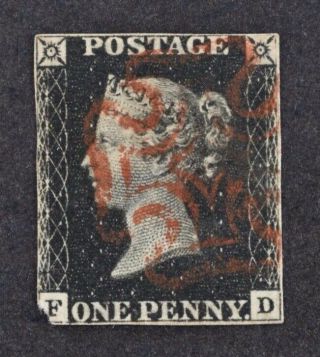 Qv 1840 1d.  Black,  Very Fresh 3 Margin Example,  With Maltese Cross In Red Ink.