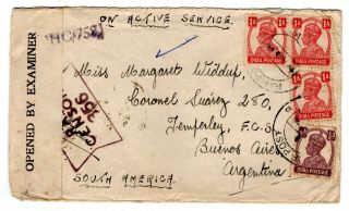 1943 India To Argentina Censored Cover/r.  A.  F.  Post/ South American Volunteer (?)