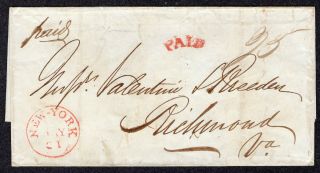 1839 Stampless Mailer York City To Richmond Va Pc306