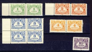 11x Newfoundland Postage Due Stamps 3x Pairs 1x Block,  1 - 10c Gv = $85.  00