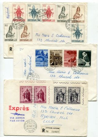 Vatican City 1963 / 1964 Multiple Franking Airmail Registered Covers To Usa X 3