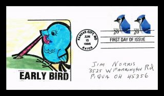 Dr Jim Stamps Us Early Bird Hand Colored Fdc Blue Jay Cover Pair Kansas City