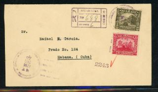 Nicaragua Postal History: Lot 288 1929 Reg 7c Franking Corinto - Habana $$$