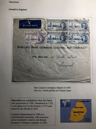 1947 Mauritius Airmail Cover To Barclays Bank Liverpool England Perfin Stamp