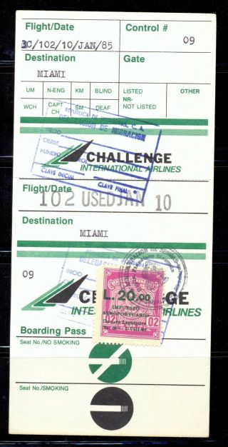 Honduras; Airport Tax Revenue Stamp On Challenge International Airlines Pass.