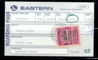 Honduras; Airport Tax Revenue Stamp On Eastern Airlines Boarding Pass.