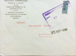 Bolivia Bisect Commercial Cover Boxed Cancel 1938 Cochabamba To Oruro Vf