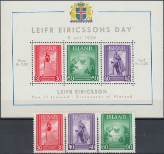 Iceland Set & S/s Leif Erikson Day Discoverer Of Vinland 1938 Mnh - 21 Euro