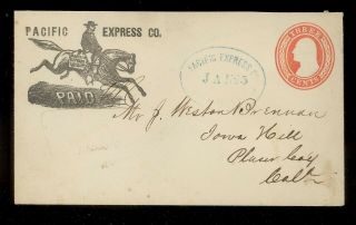 California - Pacific Express Co Paid - Illustrated Pony Rider Red 3ct To Sanfran