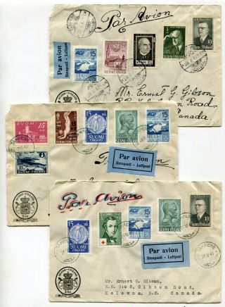 Finland 1949 Group Of Three Wonderful Franking Covers Sent To Bc Canada -
