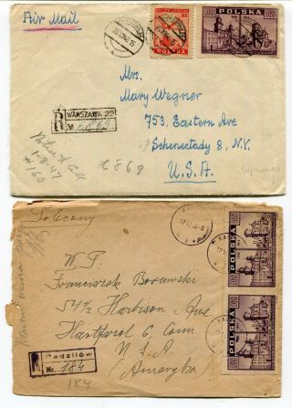 Poland 1946 Post War - Two Registered Rate Covers To Usa - Stamps -