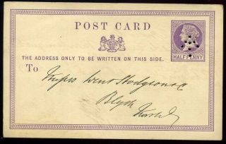 Stationery 1872 Qv 1/2d Lilac Postcard Sloper Arrow Cancel