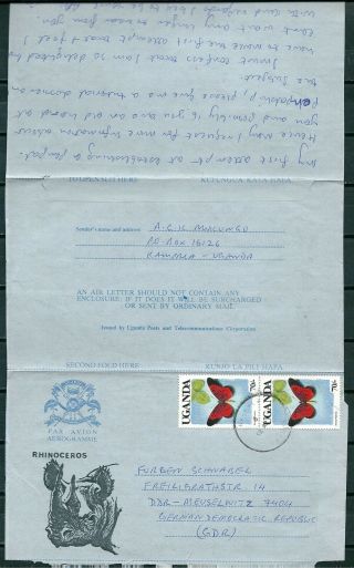 Uganda 1990 Entire Pen - Pal Aerogramme Air Letter Kampala To Ddr - Cag 190219