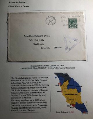 1940 Singapore Malaya Commercial Censored Cover To Hamilton Canada