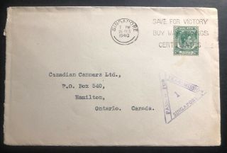 1940 Singapore Malaya Commercial Censored Cover To Hamilton Canada 2