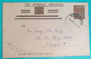 Malaya Singapore 2c Kg6 Postcard On Postal Service Scarce