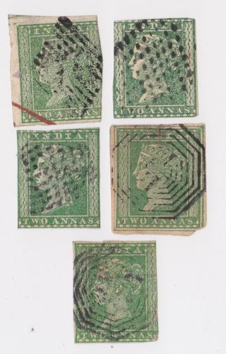 India Typo Qv 1854 Sg31 - 2 Anna - Bright Green Mottled - Pale Green - 5 Stamps Litho