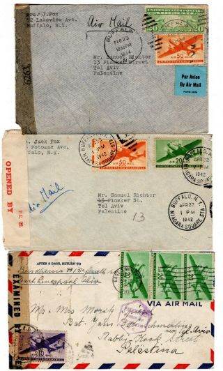 1942/44 Usa To Palestine Censored Airmail Covers X 6.
