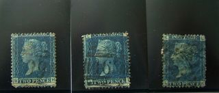 3 X Queen Victoria Two Penny Blue Stamps; All With Perfs –