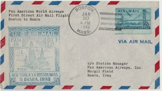 Usa : Pan American Airways First Flight Cover,  Boston To Basra,  Iraq (1949)