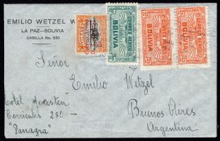 Bolivia 1937 Airmail Cover W/stamps From La Paz To Buenos Aires,  Argentina