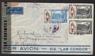 Bolivia 1944 Airmail Cover W/stamps From Cochabamba To Usa Via " Lab Condor "