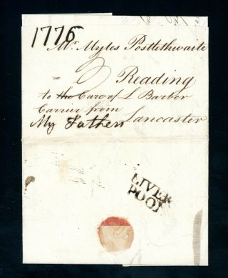 1776 Liver/pool Pre - Stamp Cover By Carrier L Barber To Lancaster (o182)
