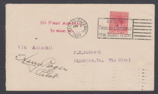 Bahamas Sc 72 On 1929 First Flight Cover Nassau - Miami,  Signed By Harry Rogers