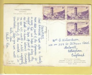 K4838 Andorra 1960 Postcard Uk; 3 X French Andorre 10f Stamps