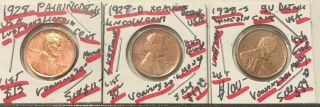 3 Lustrous 1928 - P,  D &s Usa Lincoln Cents - - Xf - Unc Details - - Sell Below List - - A Set