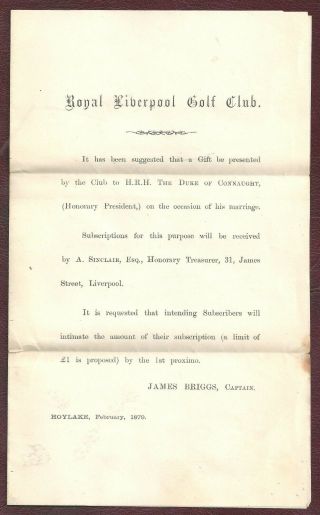 Royal Liverpool Golf Club 1879 With Bantum Stamp Rare Now Greatly