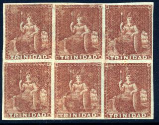 Trinidad 1851 - 55 Britannia 1d Purple - Brown Very Fresh Block Of Six.  Sg 2.