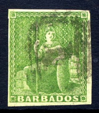 Barbados 1855 - 58 Britannia ½d Yellow - Green Four Margins Good.  Gibbons 7.