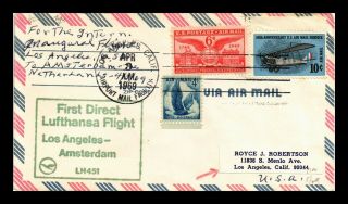 Dr Jim Stamps Us Los Angeles First Flight Air Mail Cover Amsterdam 1969