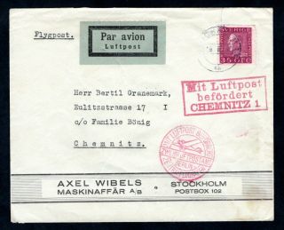 Sweden - 1931 Airmail Cover To Chemnitz,  Germany,  Special Airmail Handstamp