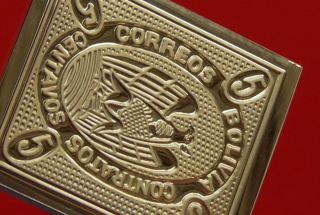Modern Gold plated 10.  6g Silver Stamp Ingot Bolivia Bolivian Condor 5 Centavos 5