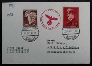 Rare 1941 Germany Censor Postcard Ties 2 Stamps Canc Friedricshafen To Luzern