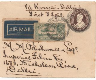 India First Flight Karachi To Delhi 28th Dec 1929 Uprated Postal Stationery Card