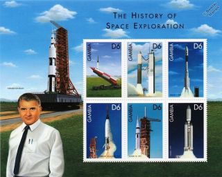 Wernher Von Braun Space Exploration/rocket Spacecraft Stamp Sheet (1999 Gambia)