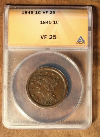 1845 Us Large Cent Anacs Vf 25 Rare Penny.  01 American Coin