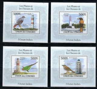 L231 Mnh 2010 Comores Set Of 4 Deluxe Souvenir Sheets Of Birds & Lighthouses