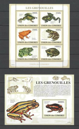 Comoros 2009 Sc 1095 - 6 Frogs Mnh Miniature & Souvenir Sheet Set $20.  00