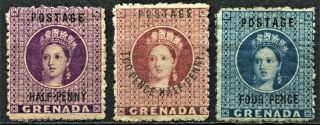 Grenada 1881 Postage Surcharges,  Sg 21 - 23,  Hinged,  Cv £230