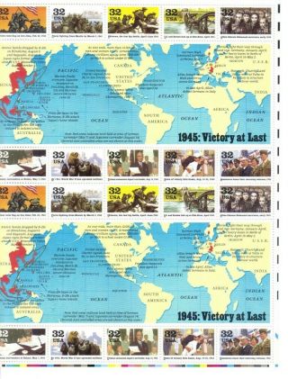 1995 32c 1945 Victory at Last,  Full WWII Souvenir Sheet of 20 Stamps,  MNH 2