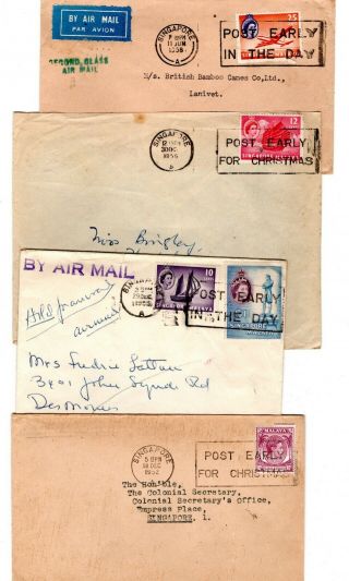 1952 - 58 Singapore To Gb (2) / Usa (1) / Local (1) Covers / " Post Early " /raffles
