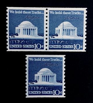 Us Stamps,  Scott 1520 Xf M/nh 1973 Coil Pair & Single Of Jefferson Memorial