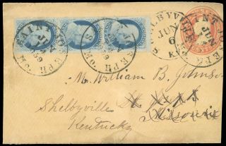 1¢ 24 Strip/3 3¢ U10 Entire Shelbyville Ky To St Joseph Mo Forwarded Cat $140,