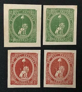 Paraguay.  Unadopted Classic Lion Proofs/essays Green And Red X 2 Stamps.