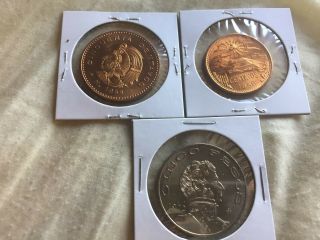 3 Unc Mexico Coins 1959 50,  &1956 20 Centavos Both Red,  5 Pesos